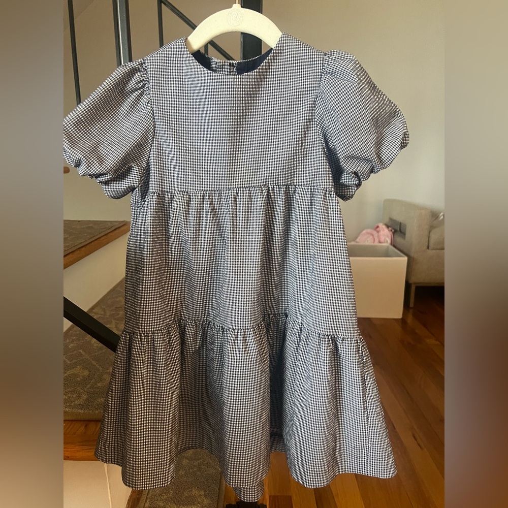 Zara Navy and White Gingham Formal Tiered Short Sleeve Dress Sz 4-5 Girls